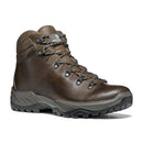 A brown leather Men’s Terra GTX Hiking Boot by Scarpa, featuring black and brown laces threaded through metal eyelets, reinforced ankle support, and a thick, textured rubber sole. The Scarpa logo is displayed on the tongue and side, reflecting its reputation for durable, waterproof walking boots.