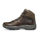 The Scarpa Men’s Terra GTX Hiking Boot is shown in a side profile on a white background, featuring brown leather construction, black laces threaded through metal eyelets, padded ankle support, and a rugged black rubber sole—making it an ideal waterproof option for those seeking durable and comfortable walking boots.