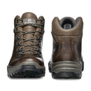 A pair of Scarpa Men’s Terra GTX Hiking Boots in brown leather displayed from the front and back on a white background. Featuring rugged soles, thick laces, padded collars, and visible stitching, these waterproof walking boots are designed for durability and comfort in all conditions.