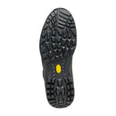 Black hiking boot sole with deep, rugged treads and a yellow Vibram logo at the center, viewed from the bottom on a white background—designed for Scarpa Men’s Terra GTX Hiking Boot, these soles provide reliable traction for this waterproof Scarpa footwear.