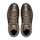 A pair of Scarpa Men’s Terra GTX Hiking Boots in brown leather are shown from above, featuring black and gray laces, padded collars, and detailed stitching. These waterproof boots are displayed side by side on a white background.