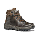 A brown leather Women’s Terra GTX Hiking Boot by Scarpa, featuring black laces and a durable black rubber sole, is displayed from the side against a white background. This boot is an ideal option for those looking for comfortable, waterproof footwear designed for outdoor adventures.