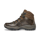 A brown leather Women’s Terra GTX Hiking Boot by Scarpa, featuring black and gray laces threaded through metal eyelets, padded ankle support, and a thick, rugged rubber sole—displayed in side profile against a white background—this boot exemplifies durable craftsmanship and comfort. Designed for outdoor adventures, these waterproof hiking boots keep your feet dry while providing reliable support on every trail.