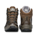 A pair of Scarpa Women’s Terra GTX Hiking Boots in brown leather, displayed from the front and back, featuring black and white laces, rugged soles, padded collars, and dependable waterproof performance.