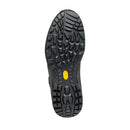 Black leather hiking boot sole with a rugged, multi-directional tread pattern and a small yellow logo in the center, shown on a white background. This sole is ideal for waterproof walking boots such as the Scarpa Women’s Terra GTX Hiking Boot.