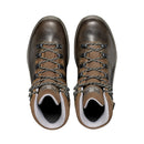 A pair of Scarpa Women’s Terra GTX Hiking Boots, crafted from brown leather and featuring black and white laces, are shown from above. These boots have padded gray collars and sturdy soles, arranged side by side on a white background.