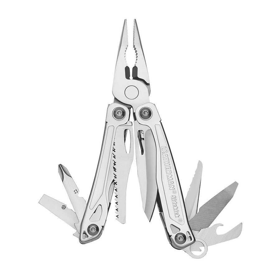 The Leatherman Sidekick Multitool, shown on a white background, features spring-action pliers at the center with tools like a knife, file, screwdriver, and bottle opener extended.