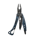Leatherman Skeletool CX in Nocturnal  colourway on a white background. It is opened with the main blade, screwdriver bit, pliers and carabiner all visible.