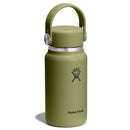 The Micro Hydro Mini Bottle by Hydro Flask, in olive green, features a convenient handle and a sleek silver rim with the iconic Hydro Flask logo on the front. This compact insulated bottle is leakproof, stylish, and designed to keep your drinks at the perfect temperature for everyday use.