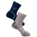 Two pairs of socks, one navy and one gray, on a white background