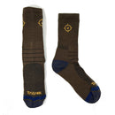 Pair of brown socks with blue toes and yellow accents on a white background