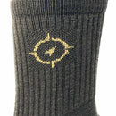 Gray sock with a yellow logo on a white background