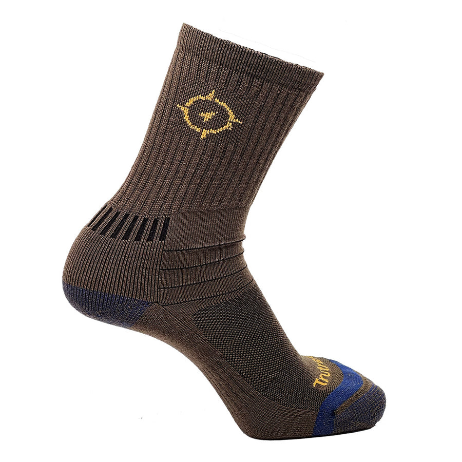 Brown sock with a logo on a white background