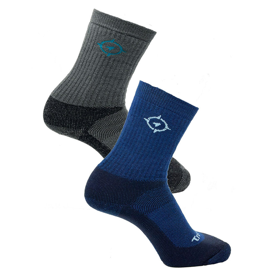 Two socks, one gray and one blue, with a logo on a white background