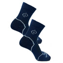 Pair of navy blue socks with white accents on a white background