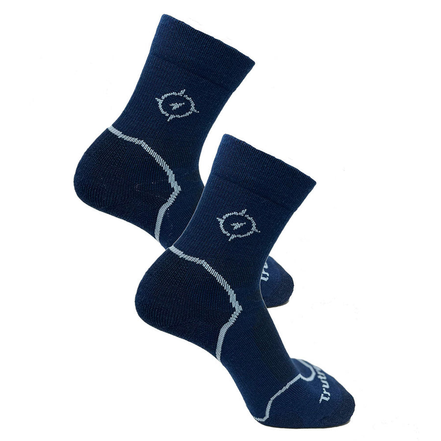 Pair of navy blue socks with white accents on a white background