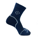 Blue sock with white accents on a white background