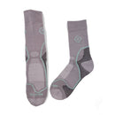 Pair of gray hiking socks with brand logo on a white background