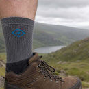 Person wearing a gray sock with a blue logo on a hiking boot, standing in a mountainous landscape.