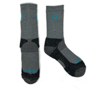 Pair of gray socks with black accents and blue branding on a white background