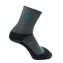 Gray sock with a blue logo on a white background