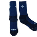 Pair of blue socks with 'Trutrek' branding on a white background