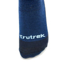 Blue sock with 'Trutrek' branding on a white background