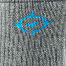Gray sock with a blue logo on a textured background