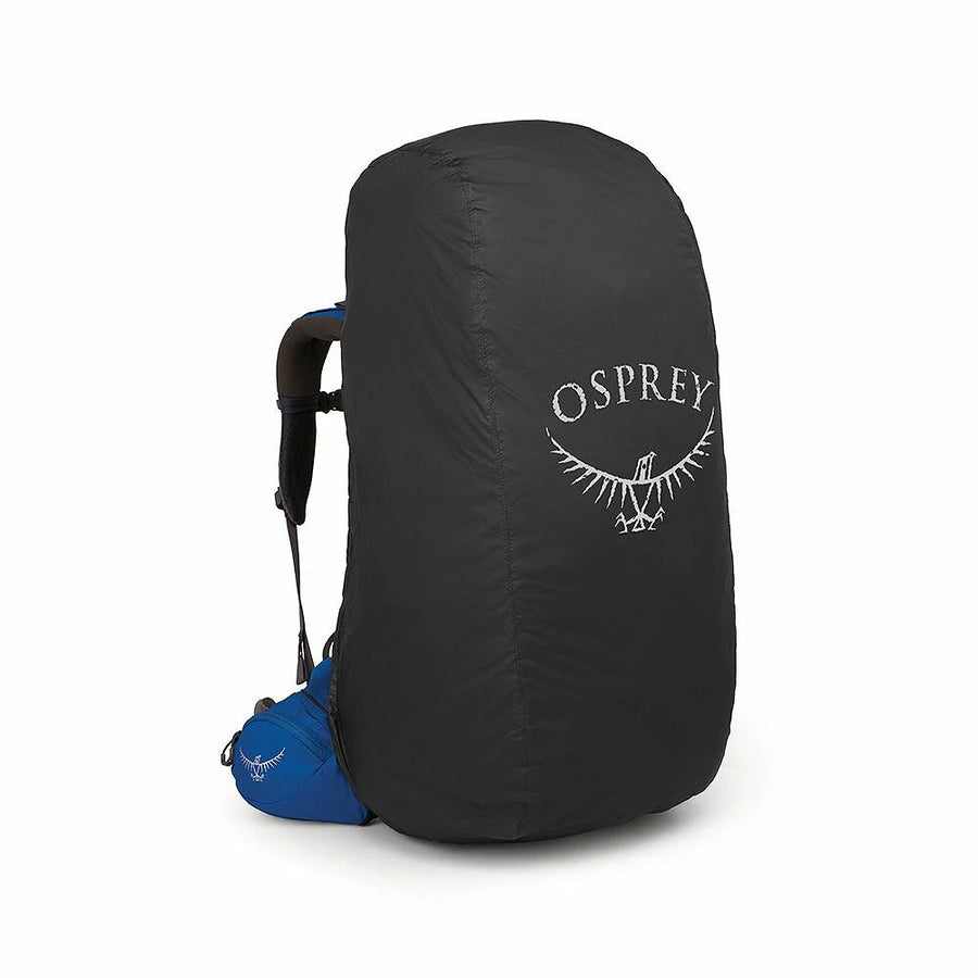 Osprey Ultralight Raincover on backpack, front view, Black