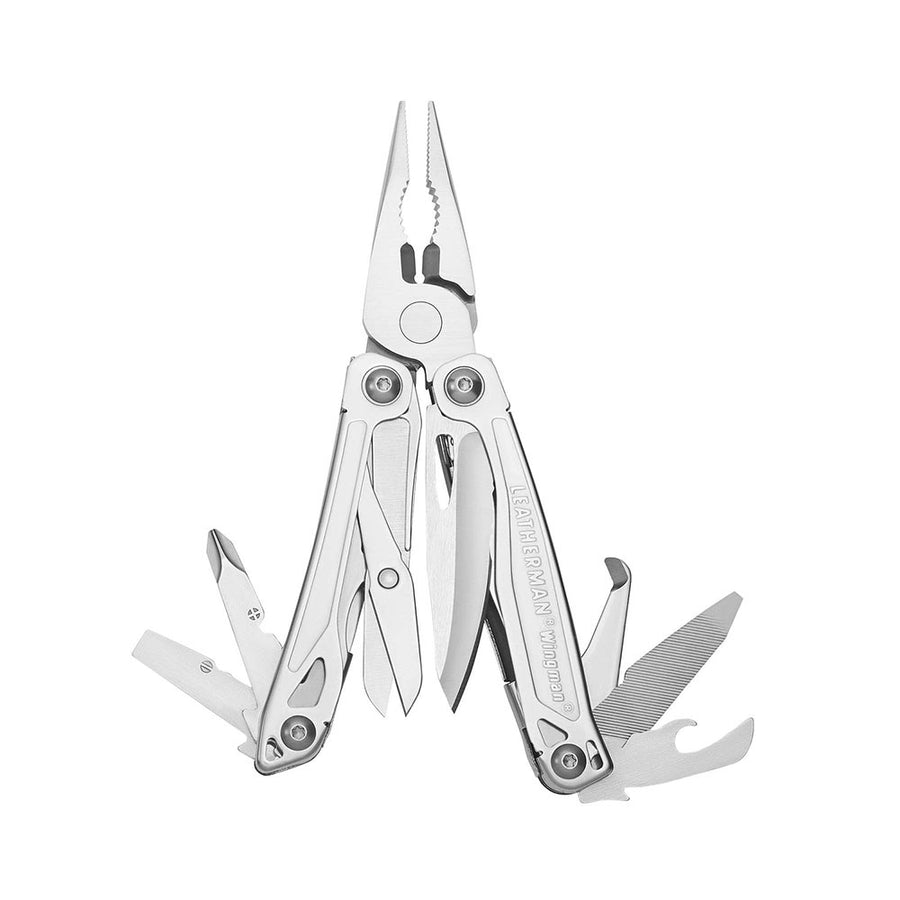 The Leatherman Wingman Multitool features spring-action pliers, scissors, knife, file, bottle opener, and more fold-out tools. The stainless steel tool is engraved with the Leatherman Wingman brand name.