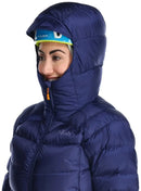 Rab Women's Neutrino Pro Down Jacket hood up closeup, Patriot Blue
